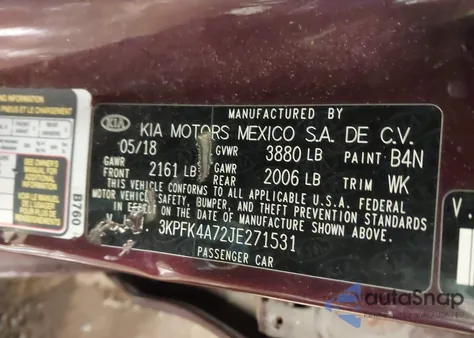 2018 Kia Forte Lx z USA, uszkodzony, nr VIN 3KPFK4A72JE271531